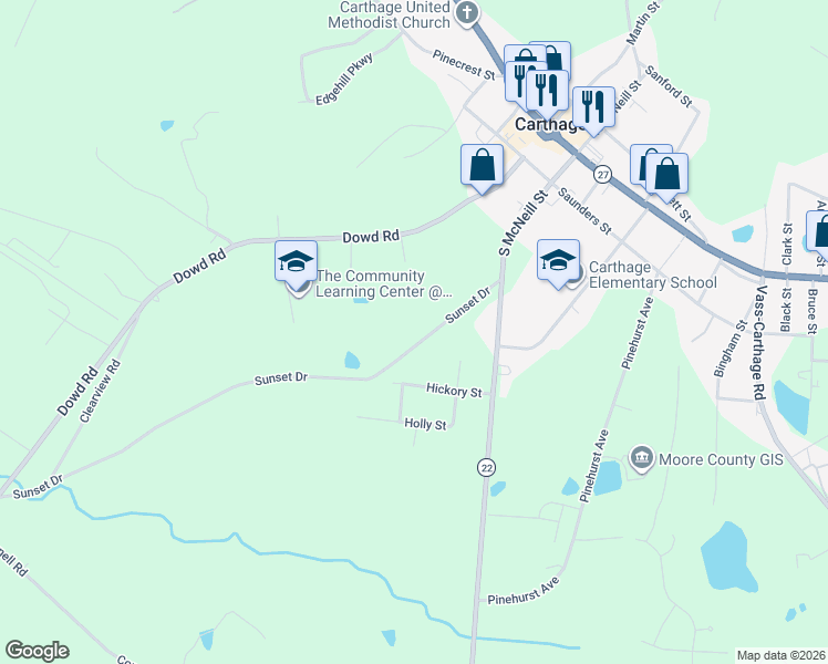 map of restaurants, bars, coffee shops, grocery stores, and more near 702 Sunset Drive in Carthage