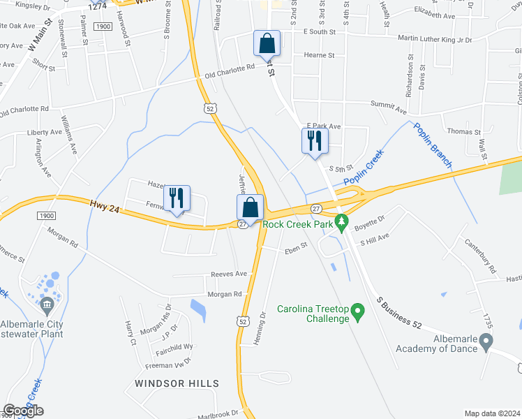 map of restaurants, bars, coffee shops, grocery stores, and more near 52 North Carolina 24 in Albemarle