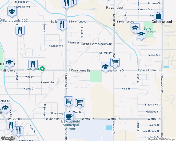 map of restaurants, bars, coffee shops, grocery stores, and more near 525 East Casa Loma Drive in Bakersfield