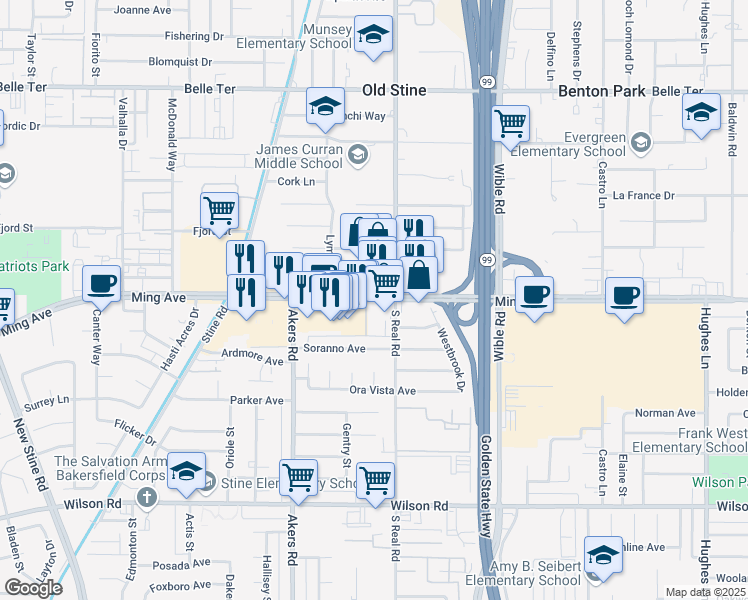 map of restaurants, bars, coffee shops, grocery stores, and more near 3757 Ming Avenue in Bakersfield