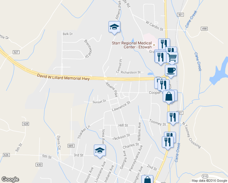 map of restaurants, bars, coffee shops, grocery stores, and more near 795 Athens Pike in Etowah