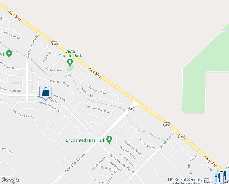 map of restaurants, bars, coffee shops, grocery stores, and more near 4719 Akita Court Northeast in Rio Rancho