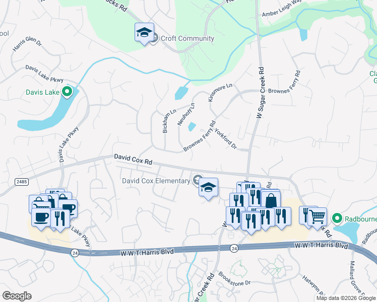 map of restaurants, bars, coffee shops, grocery stores, and more near 4400 Brownes Ferry Road in Charlotte
