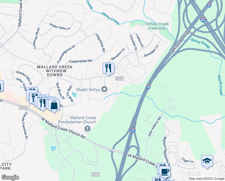 map of restaurants, bars, coffee shops, grocery stores, and more near 1679 Sanridge Wind Lane in Charlotte