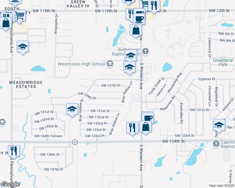 map of restaurants, bars, coffee shops, grocery stores, and more near 1012 Southwest 128th Street in Oklahoma City