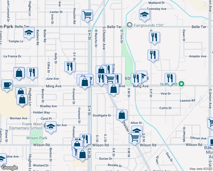 map of restaurants, bars, coffee shops, grocery stores, and more near Ming Avenue & South Chester Avenue in Bakersfield