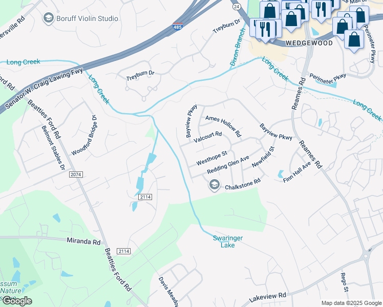 map of restaurants, bars, coffee shops, grocery stores, and more near 8144 Rosberg Lane in Charlotte
