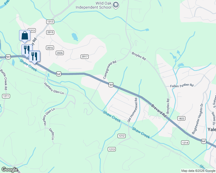 map of restaurants, bars, coffee shops, grocery stores, and more near 3620 Brevard Road in Hendersonville