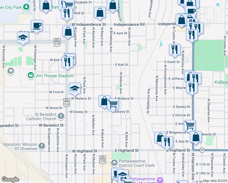 map of restaurants, bars, coffee shops, grocery stores, and more near 825 North Broadway Avenue in Shawnee