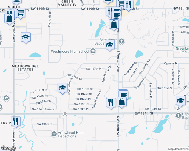 map of restaurants, bars, coffee shops, grocery stores, and more near 1041 Southwest 128th Street in Oklahoma City
