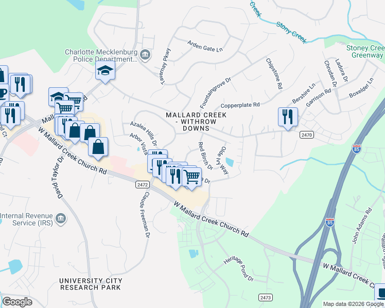 map of restaurants, bars, coffee shops, grocery stores, and more near 2521 Red Birch Drive in Charlotte