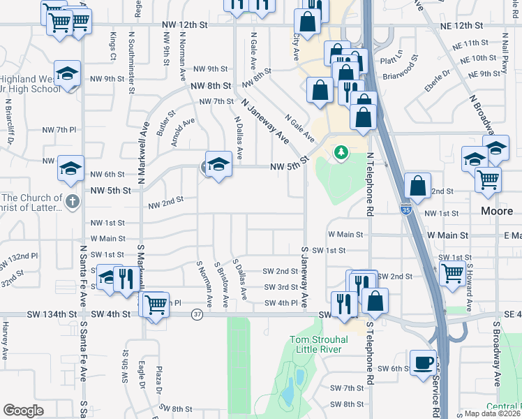 map of restaurants, bars, coffee shops, grocery stores, and more near 757 Northwest 1st Street in Moore