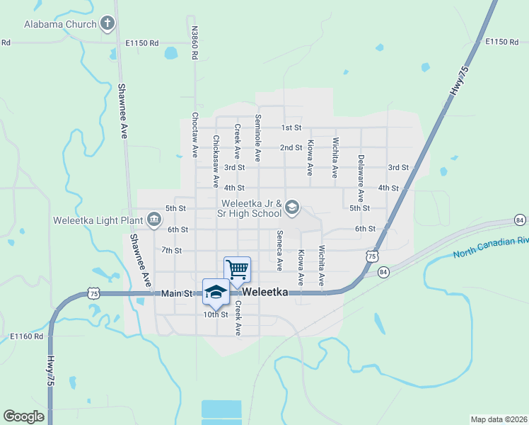 map of restaurants, bars, coffee shops, grocery stores, and more near 415 South Seminole in Weleetka