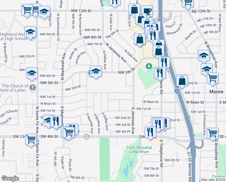 map of restaurants, bars, coffee shops, grocery stores, and more near 757 Northwest 1st Street in Moore