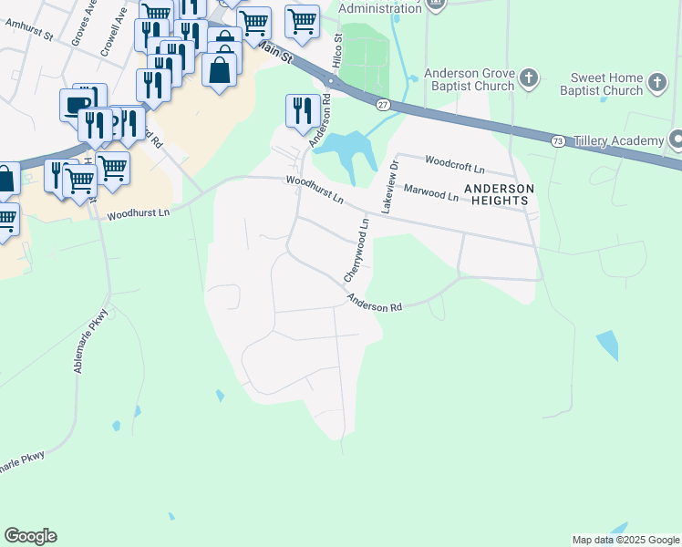 map of restaurants, bars, coffee shops, grocery stores, and more near 345 Anderson Road in Albemarle