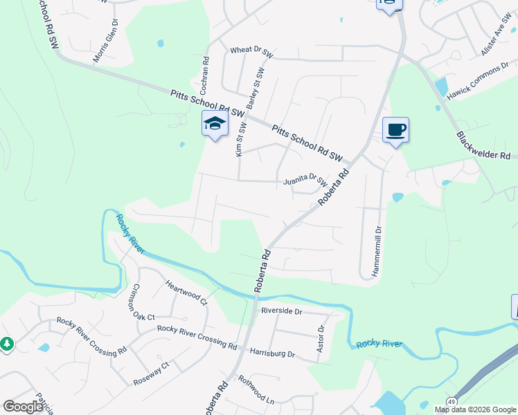 map of restaurants, bars, coffee shops, grocery stores, and more near 789 Mott Shue Drive Southwest in Concord