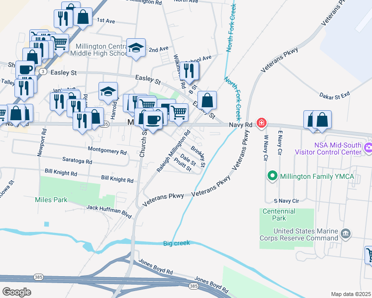 map of restaurants, bars, coffee shops, grocery stores, and more near 5096 Brinkley Street in Millington