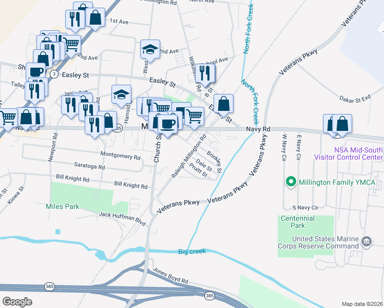 map of restaurants, bars, coffee shops, grocery stores, and more near 5051 South Street in Millington