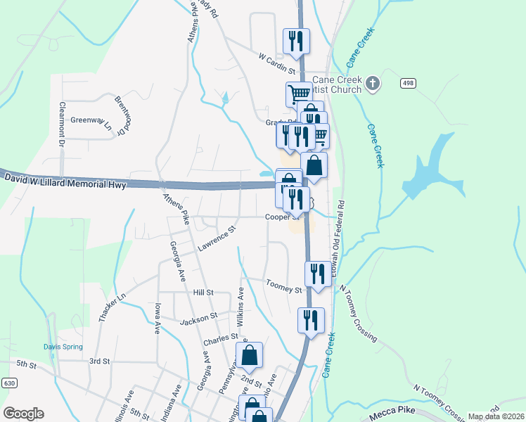 map of restaurants, bars, coffee shops, grocery stores, and more near 725 Harren Ct in Etowah