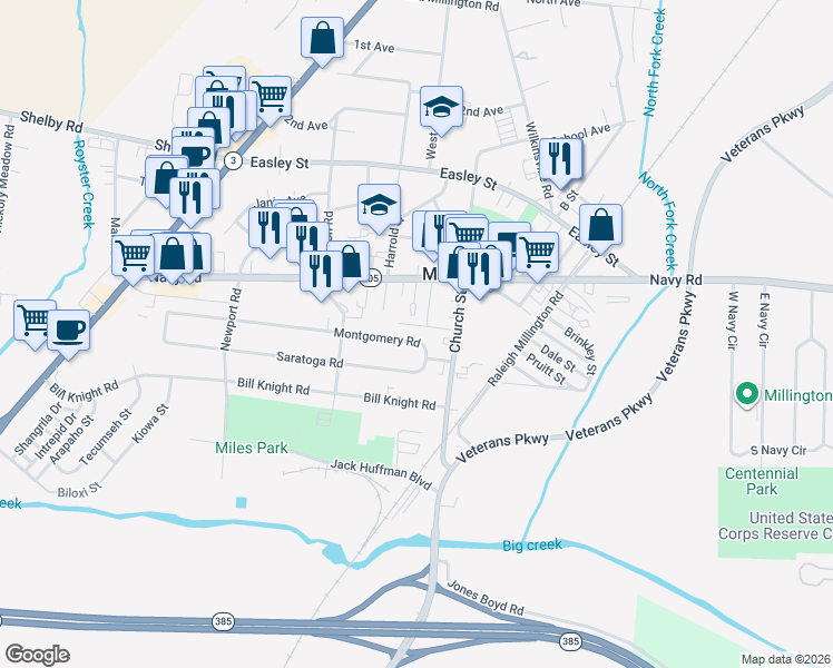 map of restaurants, bars, coffee shops, grocery stores, and more near 4908 Montgomery Road in Millington