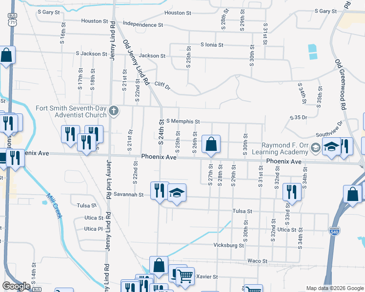 map of restaurants, bars, coffee shops, grocery stores, and more near 2511 Osage Street in Fort Smith