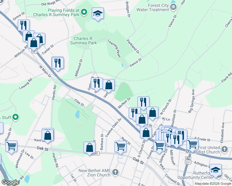 map of restaurants, bars, coffee shops, grocery stores, and more near Memorial Drive in Forest City