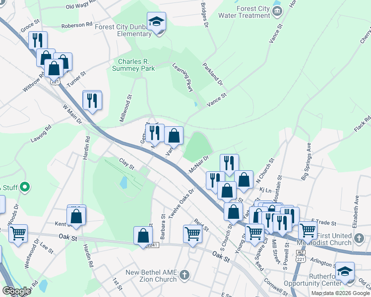 map of restaurants, bars, coffee shops, grocery stores, and more near Memorial Drive in Forest City