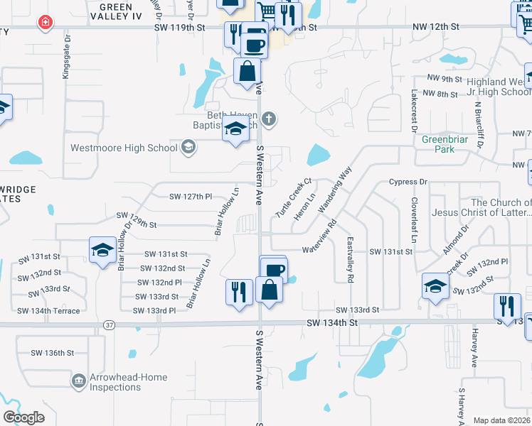 map of restaurants, bars, coffee shops, grocery stores, and more near 13001 Turtle Creek Court in Oklahoma City