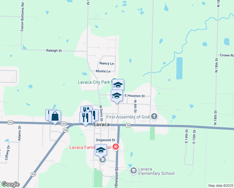 map of restaurants, bars, coffee shops, grocery stores, and more near 4 West Houston Street in Lavaca