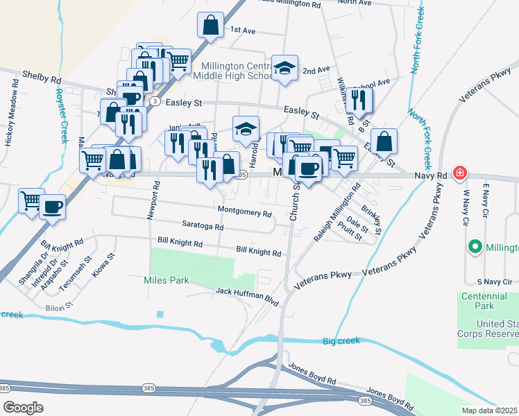 map of restaurants, bars, coffee shops, grocery stores, and more near 4908 Montgomery Road in Millington