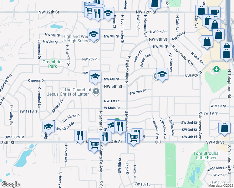 map of restaurants, bars, coffee shops, grocery stores, and more near 1021 Northwest 2nd Street in Moore