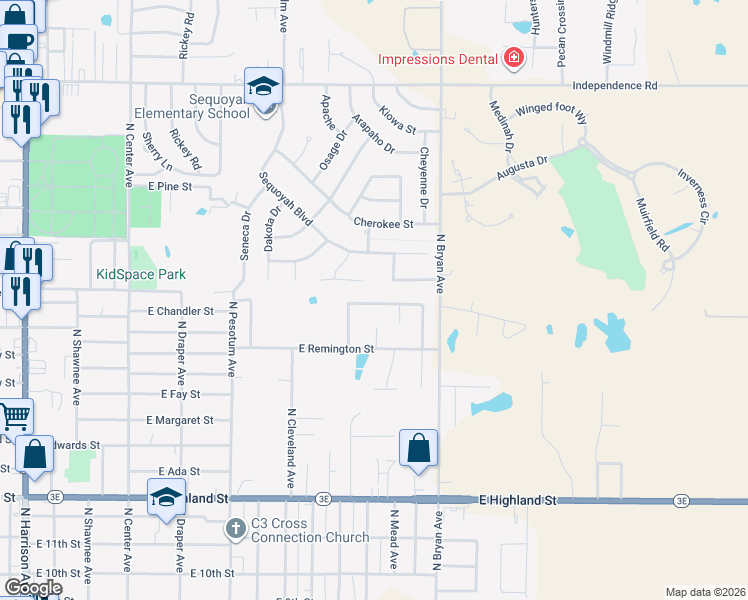 map of restaurants, bars, coffee shops, grocery stores, and more near 1812 East Chandler Drive in Shawnee
