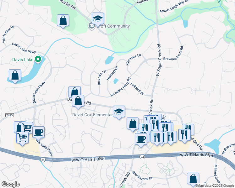 map of restaurants, bars, coffee shops, grocery stores, and more near 4301 Brownes Ferry Road in Charlotte