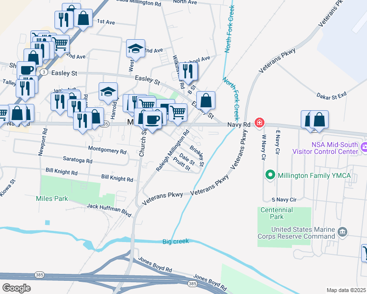 map of restaurants, bars, coffee shops, grocery stores, and more near 5096 Brinkley Street in Millington
