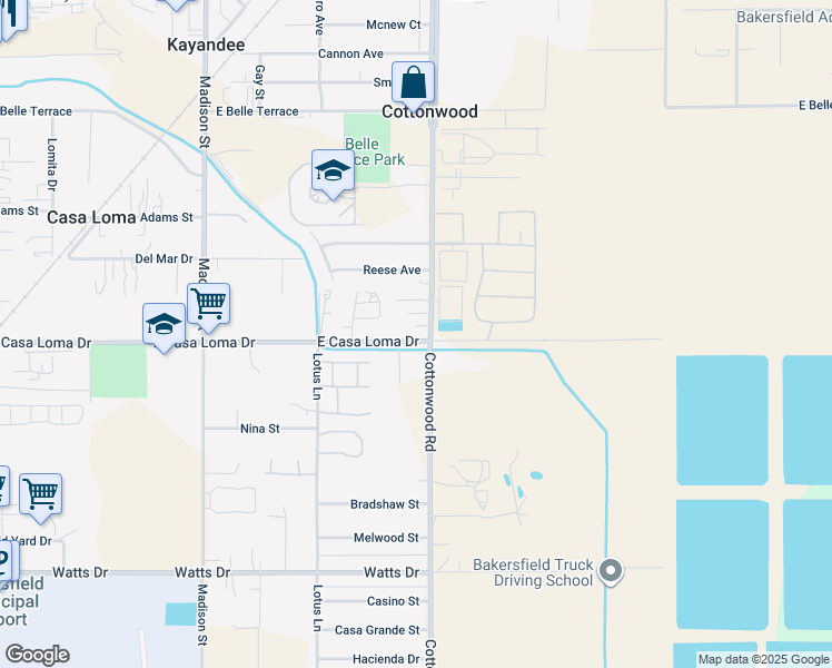 map of restaurants, bars, coffee shops, grocery stores, and more near 1016 East Casa Loma Drive in Bakersfield