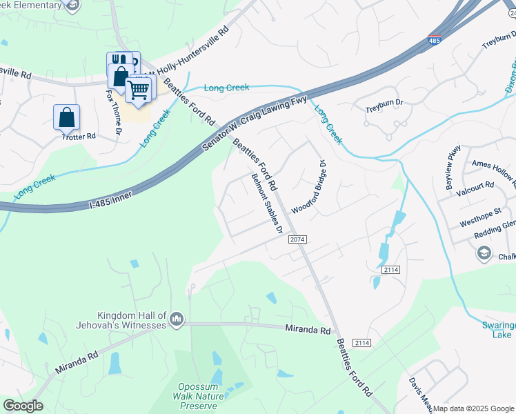 map of restaurants, bars, coffee shops, grocery stores, and more near 3943 Hunter Hill Lane in Charlotte