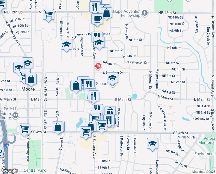 map of restaurants, bars, coffee shops, grocery stores, and more near 300 North Eastern Avenue in Moore