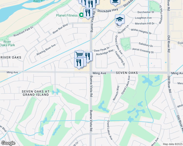 map of restaurants, bars, coffee shops, grocery stores, and more near Ming Ave & Buena Vista Rd in Bakersfield
