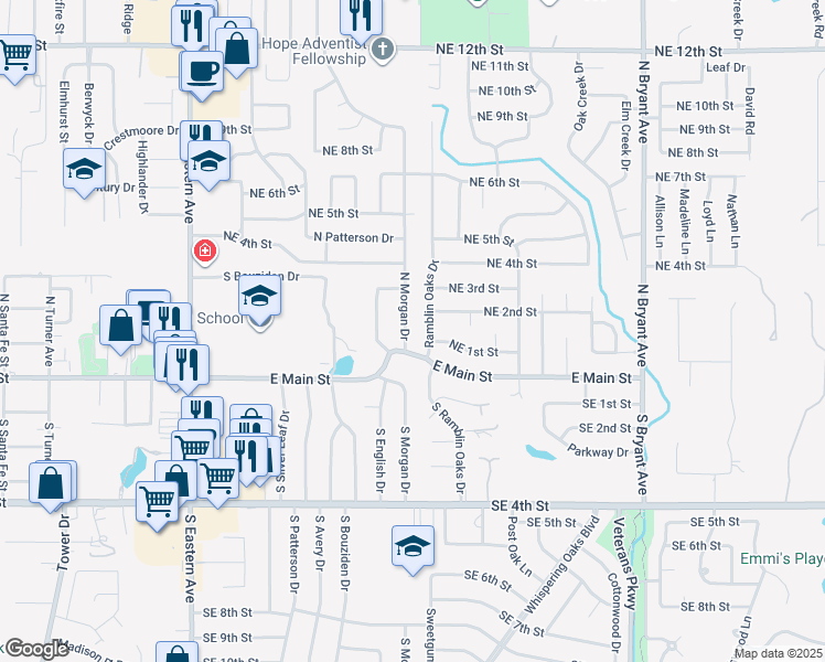 map of restaurants, bars, coffee shops, grocery stores, and more near 220 North Morgan Drive in Moore