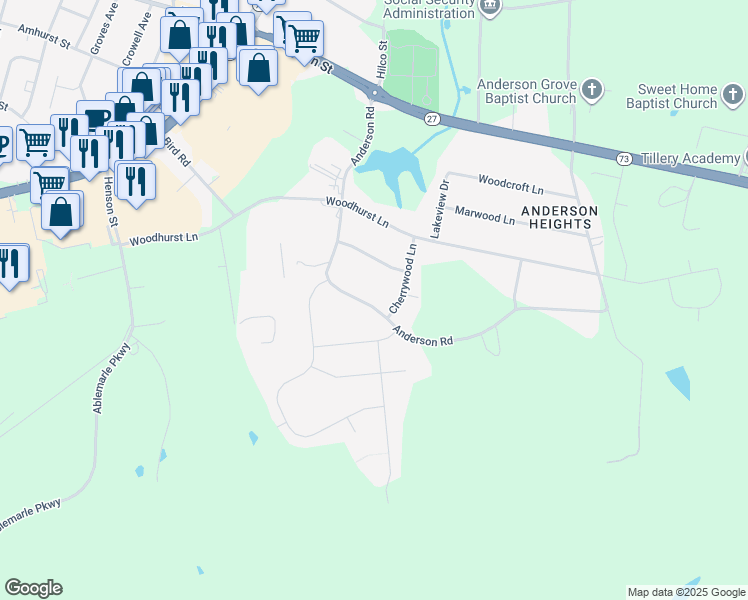 map of restaurants, bars, coffee shops, grocery stores, and more near 345 Anderson Road in Albemarle