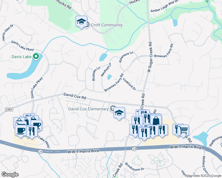 map of restaurants, bars, coffee shops, grocery stores, and more near 4301 Brownes Ferry Road in Charlotte