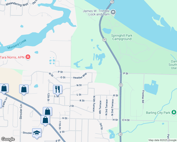 map of restaurants, bars, coffee shops, grocery stores, and more near 600 Heather Way in Barling