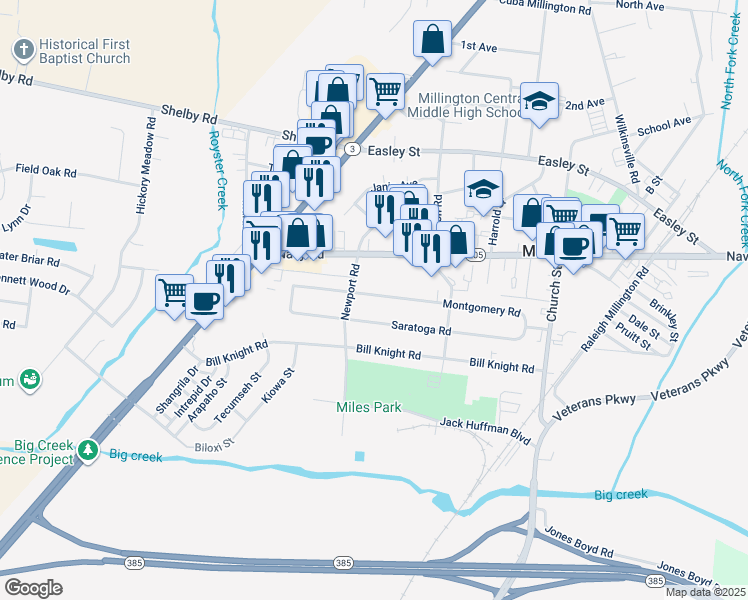 map of restaurants, bars, coffee shops, grocery stores, and more near 4745 Montgomery Road in Millington