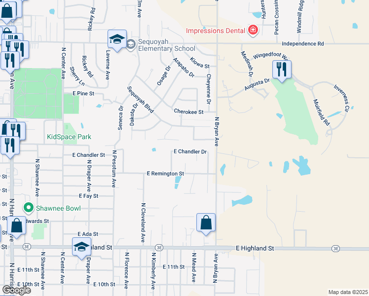 map of restaurants, bars, coffee shops, grocery stores, and more near 1812 East Chandler Drive in Shawnee