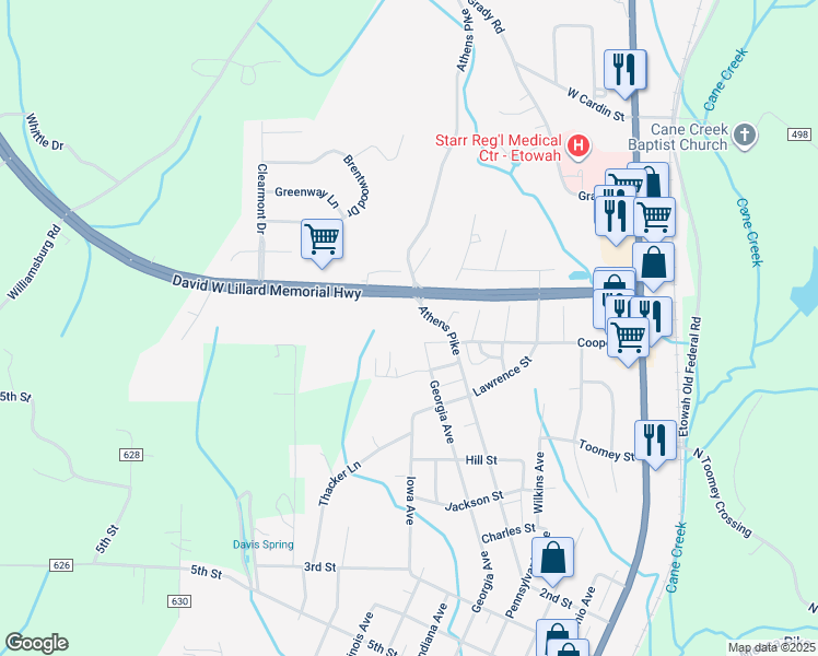 map of restaurants, bars, coffee shops, grocery stores, and more near 720 Athens Pike in Etowah