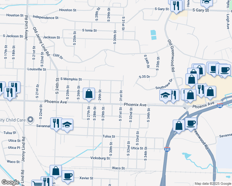 map of restaurants, bars, coffee shops, grocery stores, and more near 3015 Osage Street in Fort Smith