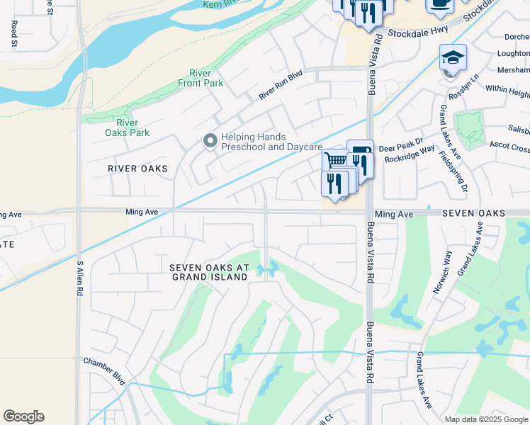 map of restaurants, bars, coffee shops, grocery stores, and more near Ming Ave & Grand Island Ave in Bakersfield