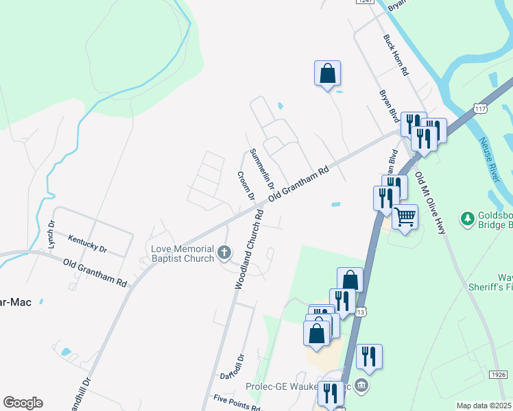 map of restaurants, bars, coffee shops, grocery stores, and more near 401 Croom Drive in Goldsboro