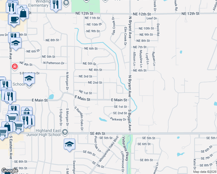 map of restaurants, bars, coffee shops, grocery stores, and more near 1704 Northeast 2nd Street in Moore