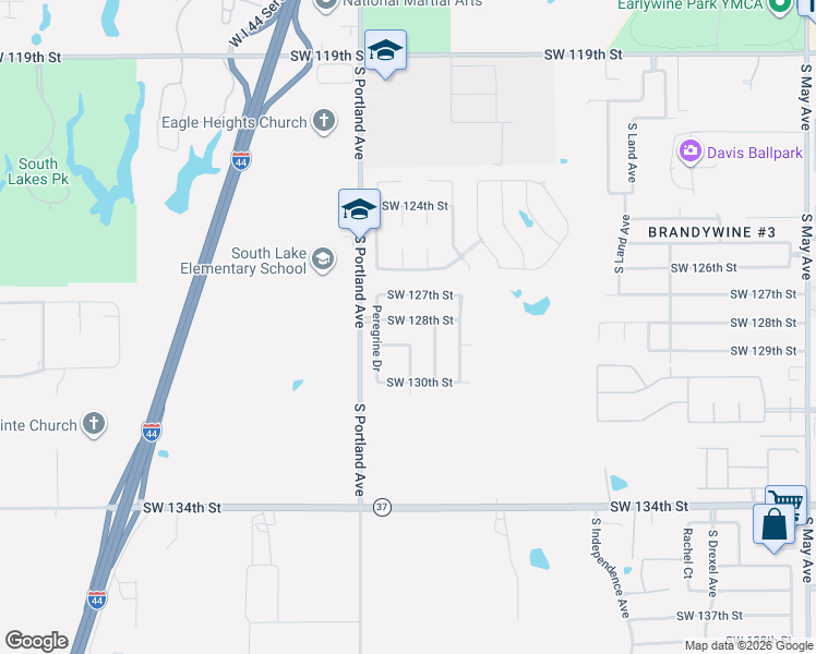 map of restaurants, bars, coffee shops, grocery stores, and more near 3608 Southwest 128th Street in Oklahoma City